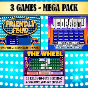 Friendly Feud and Wheel Games Easy Customize Virtual PowerPoint Zoom Fortune Family Feud Screen Share Game quiz Customizable adults trivia