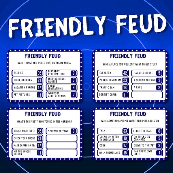 Family Friendly Feud Party Games Family Game Night Printable Group Family Reunion Game Team Game Family Fued Printable Trivia Question Cards
