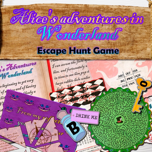 Alice's Adventures in Wonderland Treasure Hunt Escape Room Kit Kids Game party Birthday clues printable scavenger puzzle maze DIY