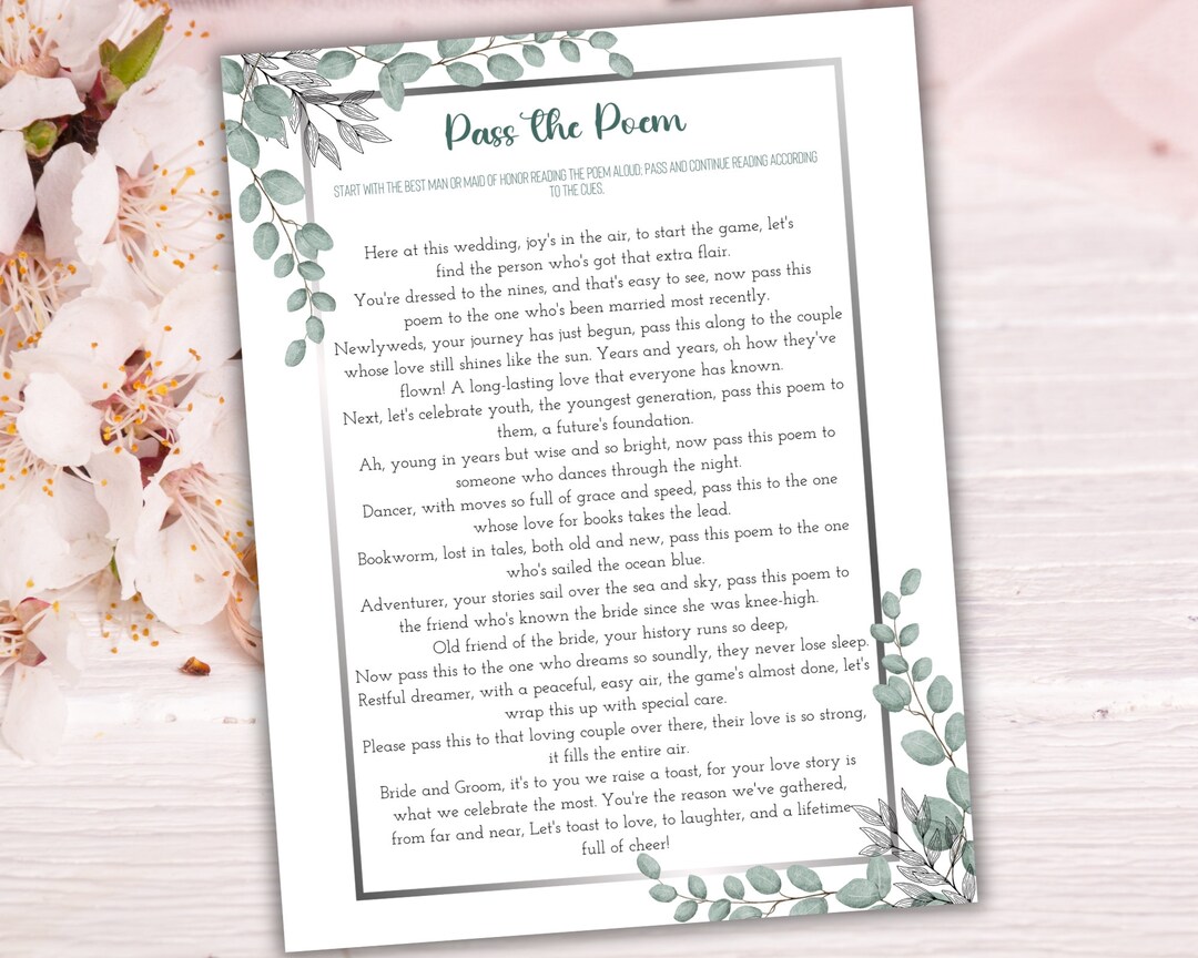 Pass the Poem Bridal Shower Game Printable Poem Bridal Shower Bridal ...