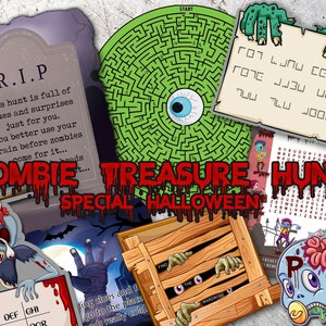 Zombie Treasure Hunt Halloween Kids Game party Birthday clues printable scavenger puzzle maze escape game room DIY biohazard walking dead