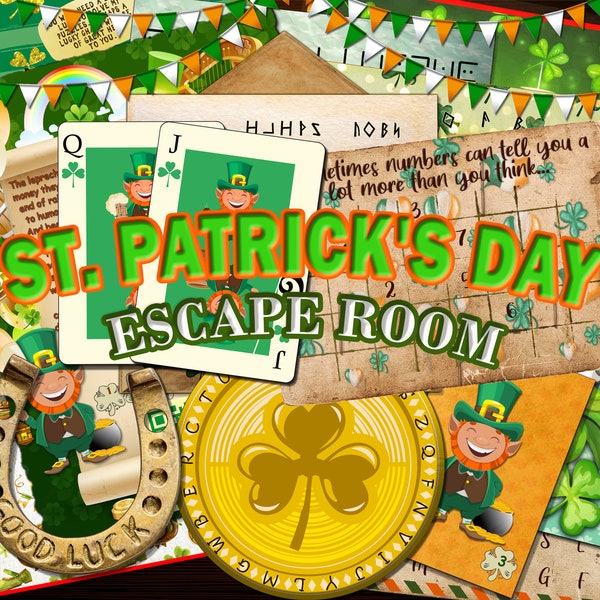 Jeu de jour de St Patrick, salles d'évasion pour adultes, kits de salle d'évasion, kit de salle d'évasion imprimable, jeu de lutin, chasse au trésor patrick day