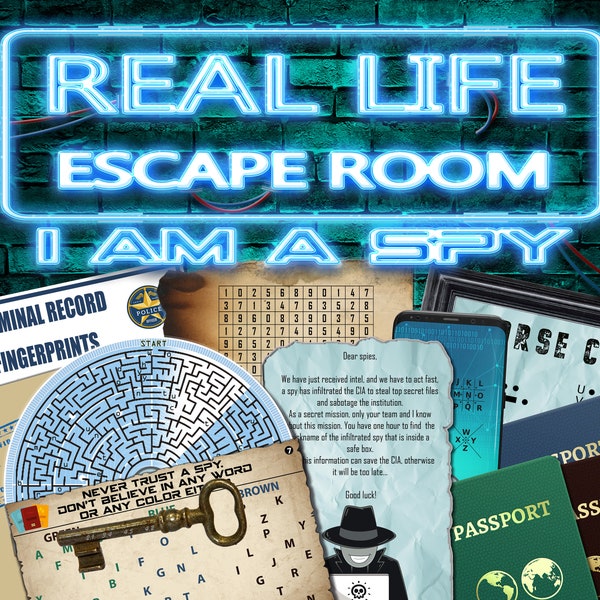 Spy Escape Room Real Life Kit at Home Kids Family Teenagers  Printable Mystery Games Fun DIY Game Friendly Party celebration Treasure hunt