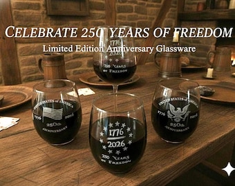 USA 250th Anniversary Custom Engraved 15 oz. Stemless Wine Glasses