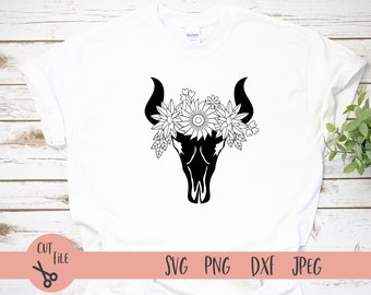 Teschio di mucca con file Flowers SVG, mucca Teschio piume svg file, mucca Tela di fiori piume svg, cow Skull Floral cut file, Boho Teschio, bufalo