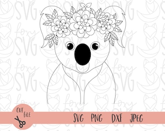 Koala SVG file, Koala with Flower Crown SVG, Koala cut file, Animal Face, Floral Crown, Cute Koala with Flowers on Head, Australia svg file