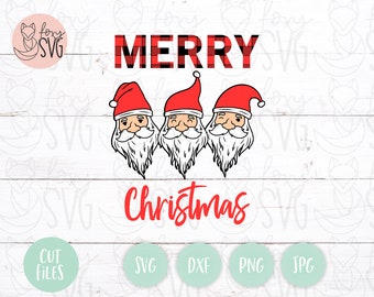 May include: A digital design featuring three cartoon Santa Claus heads with red and white plaid hats and white beards. The text "Merry Christmas" is written in red letters with a red and white plaid background.