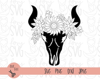 Teschio di mucca con file Flowers SVG, mucca Teschio piume svg file, mucca Tela di fiori piume svg, cow Skull Floral cut file, Boho Teschio, bufalo