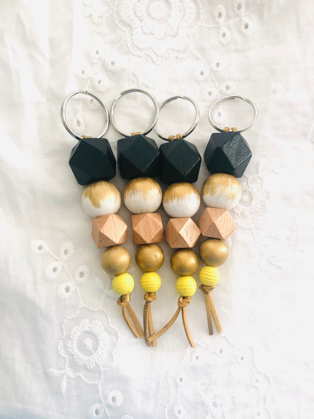 Black Gold and Yellow Wooden Bead Key Chain Wood Bead Etsy