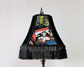 Vintage Monsters Inspired Lampshade | Gothic Décor | Handmade Lampshade | Black Fringe | Halloween | Vintage |