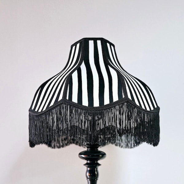 Black and White Stripe Lampshade | Victorian | Vintage | 6" Black Fringe | Gothic Décor |