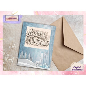 Cerf de Noël dans la neige, voeux de Noël à imprimer, motifs de Noël téléchargeables, carte de voeux paysage d'hiver, cartes de Noël numériques