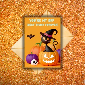 Cartão de felicitações de Halloween Best Fiend Forever 5x7 para download, design de cartão de Halloween, cartão de Halloween com tema de amizade, cartão de Halloween de gato fofo