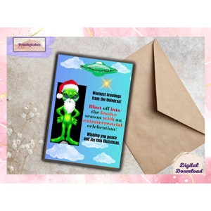 Tarjeta imprimible de Navidad única, tarjeta de Navidad de paz y alegría, tarjeta alienígena imprimible, tarjeta alienígena de Santa, Santa en el espacio exterior, tarjeta de Santa de ciencia ficción