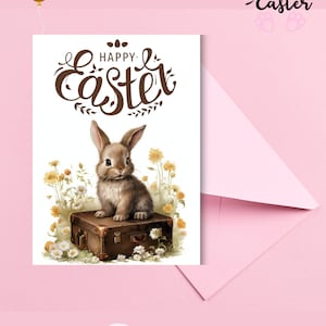 Digital download Easter card with bunny design, instant download 5x7 Happy Easter greeting card, Printable Happy Easter  greetings