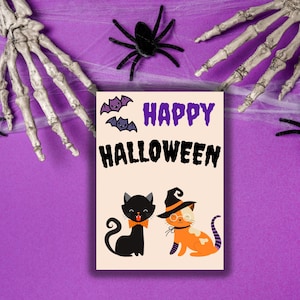 Adorável cartão de felicitações de Halloween 5x7 Design para download com 2 gatos fofos, Halloween exclusivo com dois gatos, Gato encantador Amantes de gatos de Halloween