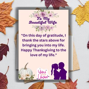 Thanksgiving Love Carte de vœux imprimable 5x7 pour votre femme bien-aimée, Thanksgiving téléchargeable, Carte d’amour romantique pour femme à Thanksgiving,