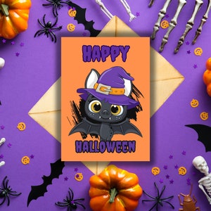 Cartão assustador de Halloween: design 5x7 para download com morcego fofo, cartão de Halloween para impressão com tema de morcego para um susto divertido