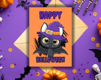 Purple Fox Halloween-Karten – Mit Schwarzer Katze, Kürbis & Fledermäusen, 145x145 Mm