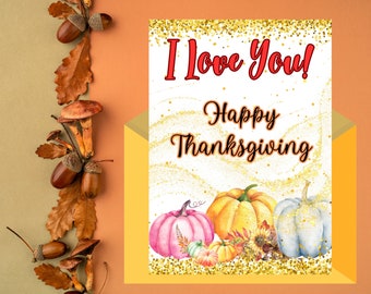 Happy Thanksgiving Greeting Card, Watercolor Pumpkins (Printable Card)