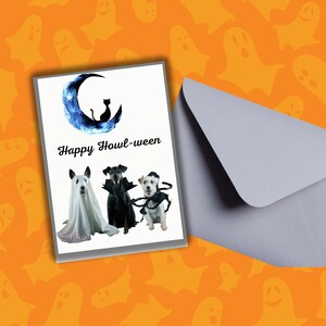 Halloween Greeting Card 5x7 Downloadable Design with 3 Dogs and a Cat on the Moon, Halloween card design,Pet-themed Halloween card design