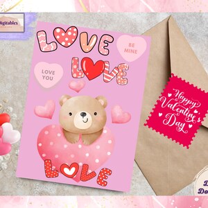 Adorables saludos de San Valentín con amor con temática de Osito de Peluche, Expresiones de Amor, Celebración del Día de San Valentín, Lindos y divertidos, Imprimibles