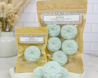 May include: Two bags of shower steamers, one labeled "Breathe Shower Steamers" and the other labeled "Serene Shower Steamers". The bags contain round, light blue shower steamers with a floral design.