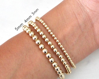 14K Gold 5mm Beaded Bracelet, Beaded Stacking Bracelet, 5mm Gold