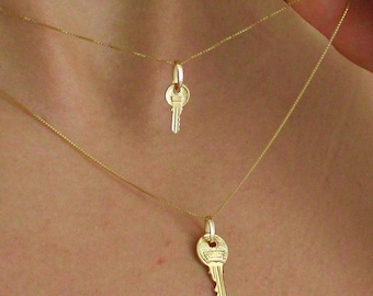 14K Solid Gold Key Necklace - Dainty Key Necklace - Gold Key Charm with Box Chain - Key to My Heart Necklace
