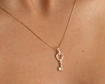 14K Gold Heart Key Necklace - Gold Key to My Heart Necklace - Mothers Day Gift - Gift For Wife, Real Solid Gold Necklace