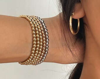 14K Gold 4mm Beaded Bracelet, 14k Gold Beaded Stacking Bracelet, Real 14k Gold Beaded Ball bracelet, 14K Gold Beaded Ball on Elastic Stretch