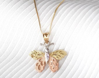 14K Solid Yellow White Rose Gold Butterfly Necklace, Multi Tone Necklace Charm, Tritone Butterfly Necklace, butterfly Charm with Box Chain