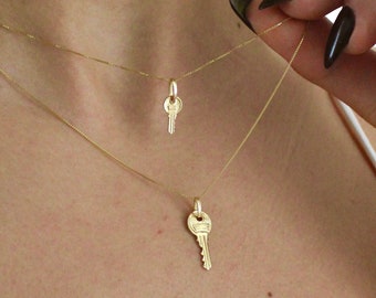 Collar de llave de oro macizo de 14 quilates - Collar de llave delicado - Dije de llave de oro con cadena de caja - Collar de llave de mi corazón