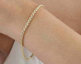 14K Gold Box Chain Bracelet - 14K Solid Gold Bracelet Round Box Chain Bracelet - Real Gold Layering bracelets - Yellow Gold Box Chain