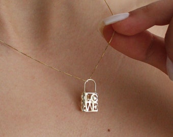 14K ゴールド パドロック ネックレス - カップル ネックレス - 彼女へのホリデー ギフト - お母さんへのギフト - ソリッド 14K ゴールド ネックレス - ロック ペンダント