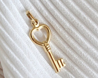 14K Gold Heart Key Necklace Charm, Open Heart Pendant, 14K Gold Love Jewelry, 14k Key Pendant, Valentine Gift, Anniversary Gift