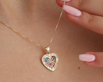 Collar de oro con forma de ojo malvado - Collar de protección con capas de oro - Collar con colgante de ojo - Joyería de oro macizo de 14 quilates con forma de ojo malvado