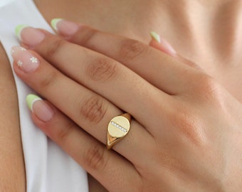 14K Round Signet ring 14k Gold Signet ring Gold Pinky ring 14K Gold chevalier ring Custom Personalized signet ring Signet Ring with Diamonds