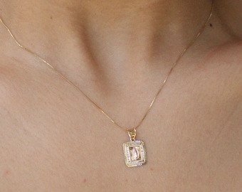 14k Solid Gold Virgin Mary Necklace - Virgen Maria, Lady Guadalupe Rose Square Pendant Charm Necklace, Gift for Women Girl