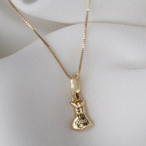 Collana con ciondolo a forma di sacchetto di denaro in oro giallo massiccio 14k, collana con ciondolo a forma di sacchetto di denaro in oro 14k,