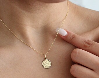 14K Solid Gold Coin Necklace - Medallion Necklace - Cupid Angel Coin Necklace - Guardian Angel Necklace - Mother's Day gift - 1 Day Shipping