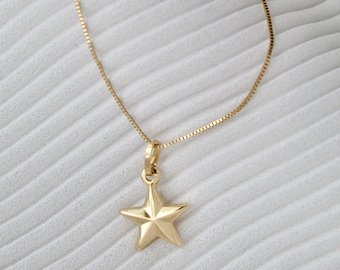 May include: A gold chain necklace with a small, five-pointed star pendant.