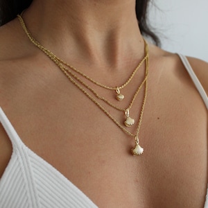 14K Gold Seashell Necklace With Pearl, Pearl Necklace Charm, 14k gold seashell necklace, Pearl necklace with Rope Chain, Real Pearl Necklace
