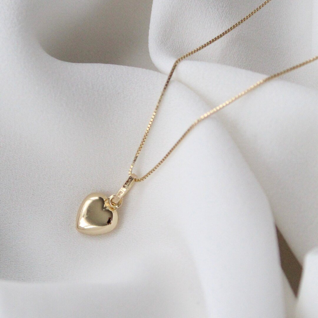 14k Solid Gold Heart Pendant, Small Puffy Heart Necklace, 14k Yellow ...