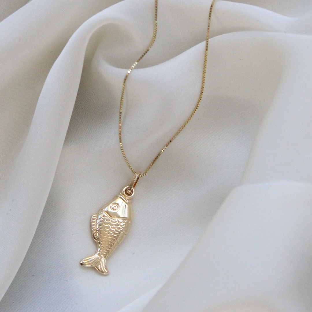 14K Solid Gold Fish Necklace, 14K Gold Fish Pendant, Fish Necklace