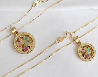14k Gold Diamond Hummingbird Necklace: Petite Bird Pendant, Hummingbird Medal Necklace