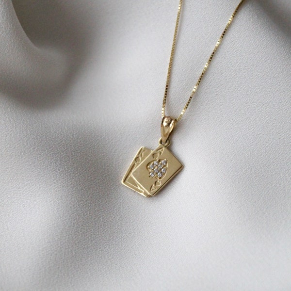 14k Solid Gold Playing Card Necklace, Game Card Necklace, Ace Spades Gamble Pendants, Spades Necklace, Playing Cards Pendant, Ace ecklace