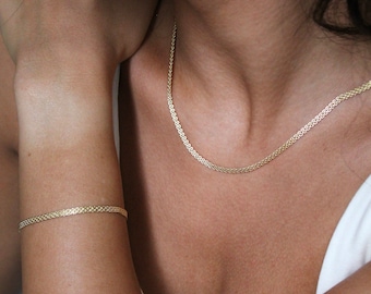 14k Solid Gold Bismark Necklace Bracelet Chain Set, 14K Gold Bismarck Snake Bracelet, 14K Gold Bismark Flat Link Necklace