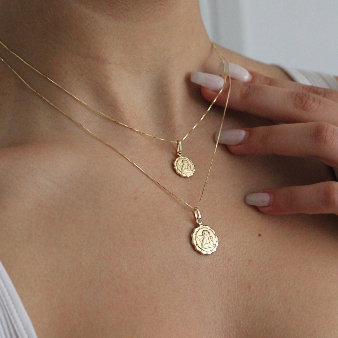 14K Solid Gold Coin Necklace Medallion Necklace Cupid Angel Coin