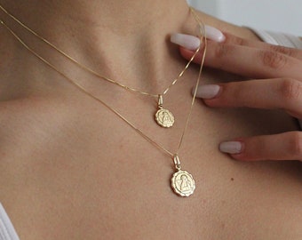 14K Solid Gold Münze Halskette - Medaillon Halskette - Amor Engel Münze Halskette - Schutzengel Halskette - Muttertagsgeschenk - 1 Tag Versand